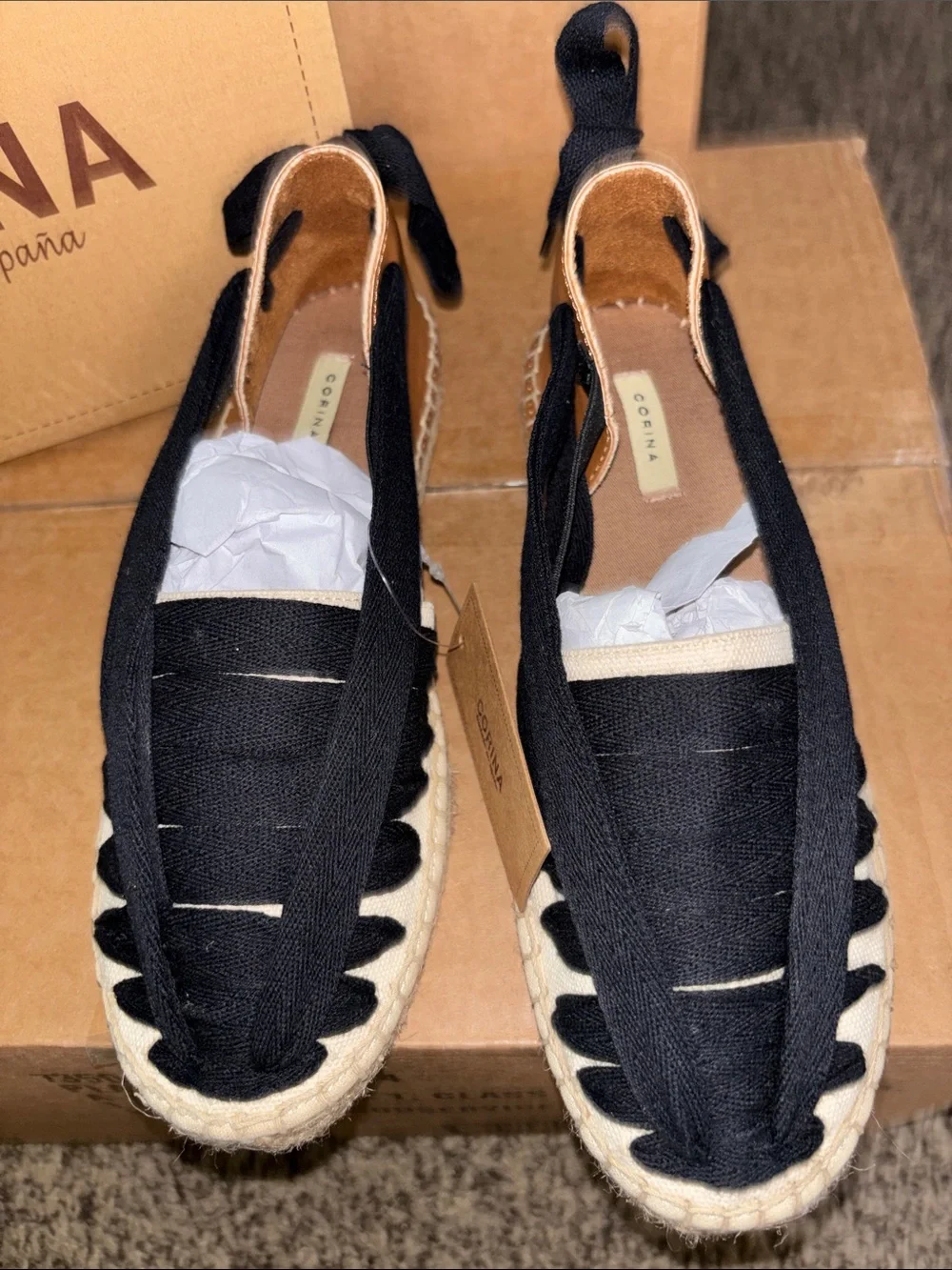 Canvas Espadrille Lace-Up Wedge in Black, Cream & Tan
